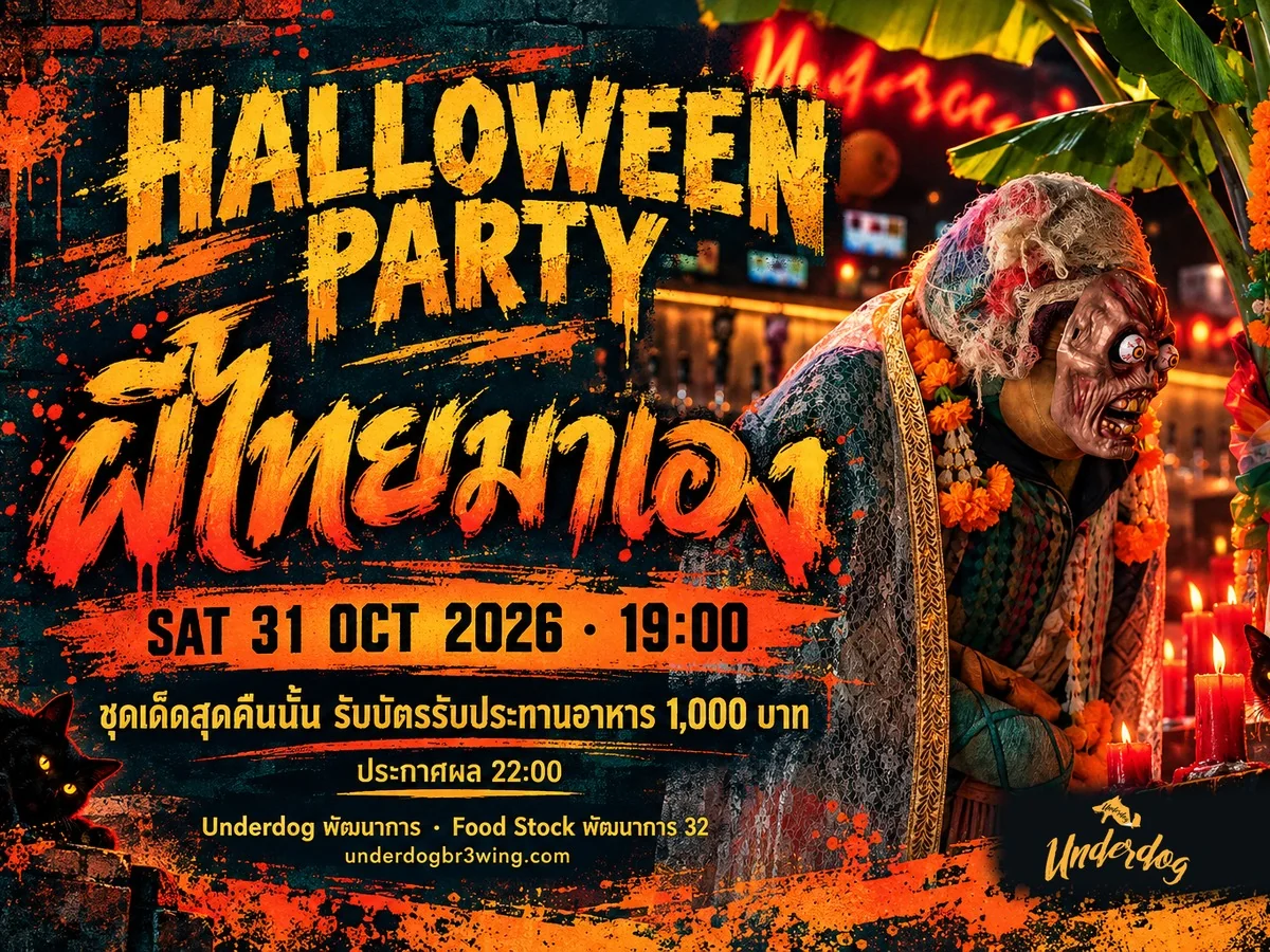 โปสเตอร์ Halloween Party ผีไทยมาเอง ส. 31 ต.ค. 2569 19:00 ที่ Underdog พัฒนาการ