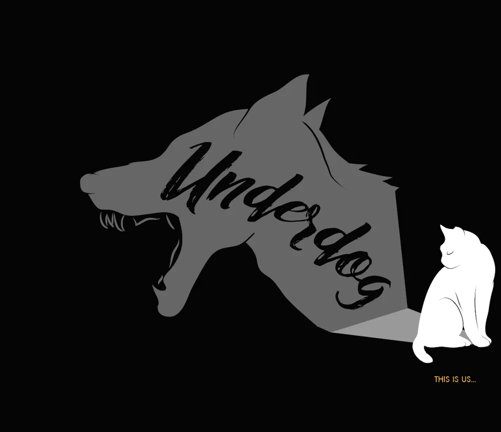 ภาพโลโก้ Underdog: แมวขาวนั่งนิ่ง เงาที่ทอดออกไปเป็นหัวหมาดุ